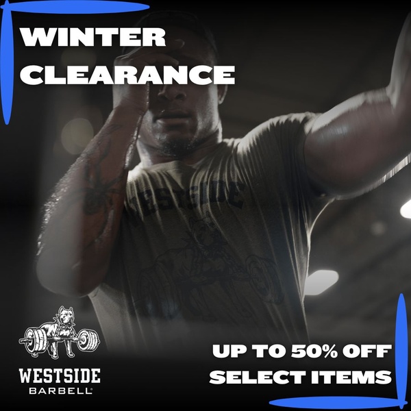 A high-contrast, moody 1:1 image featuring a model training in a t-shirt, overlayed with bold text promoting a winter clearance sale.